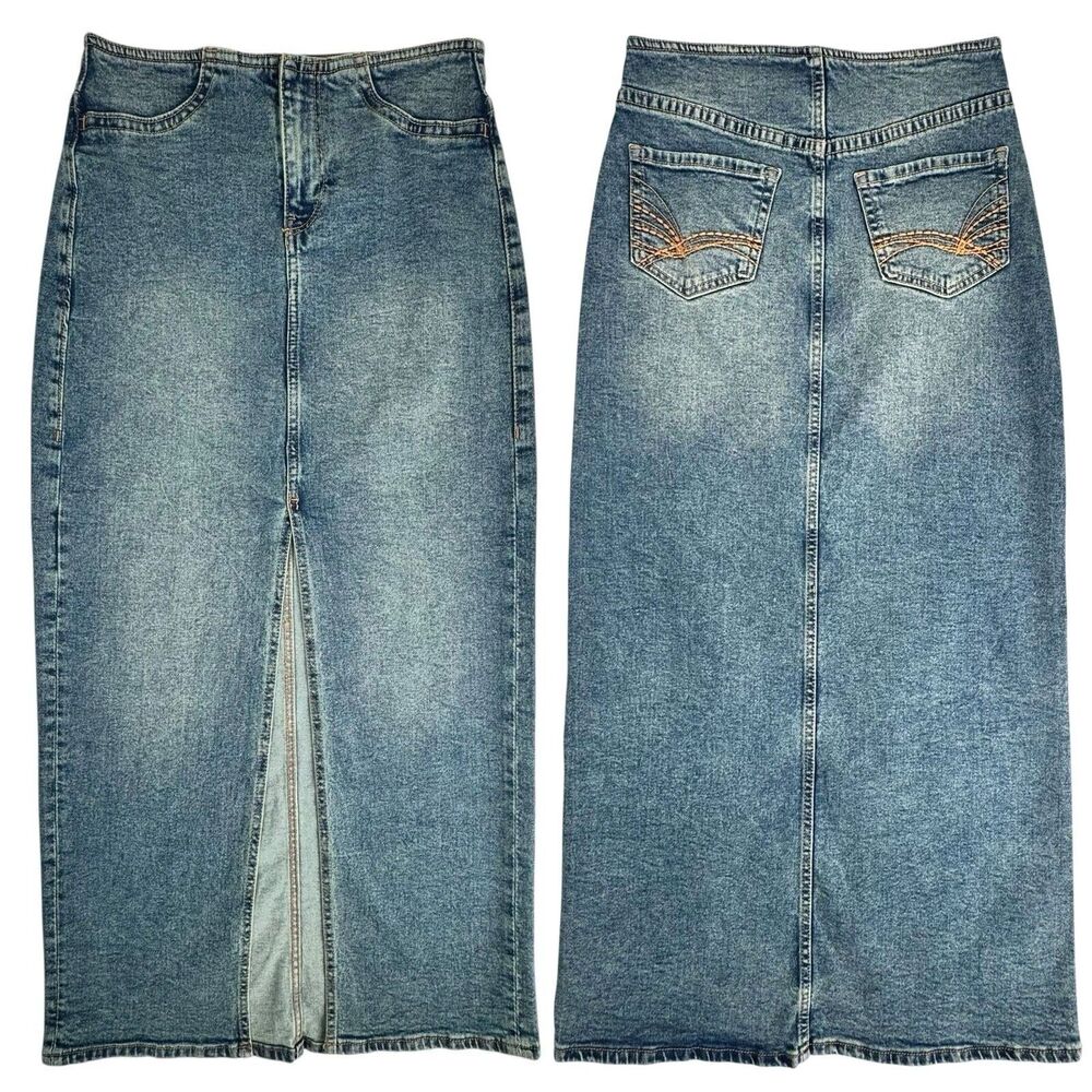 H&M‎ Long Denim Skirt Womens 2 Front Slit Western Festival Rodeo Country Cowgirl